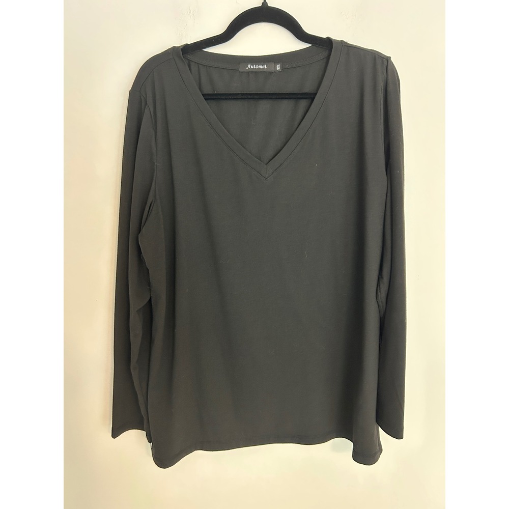 Automet Womens Black V-Neck Long Sleeve‎ Top Plus Size 3XL Casual Knit Tee